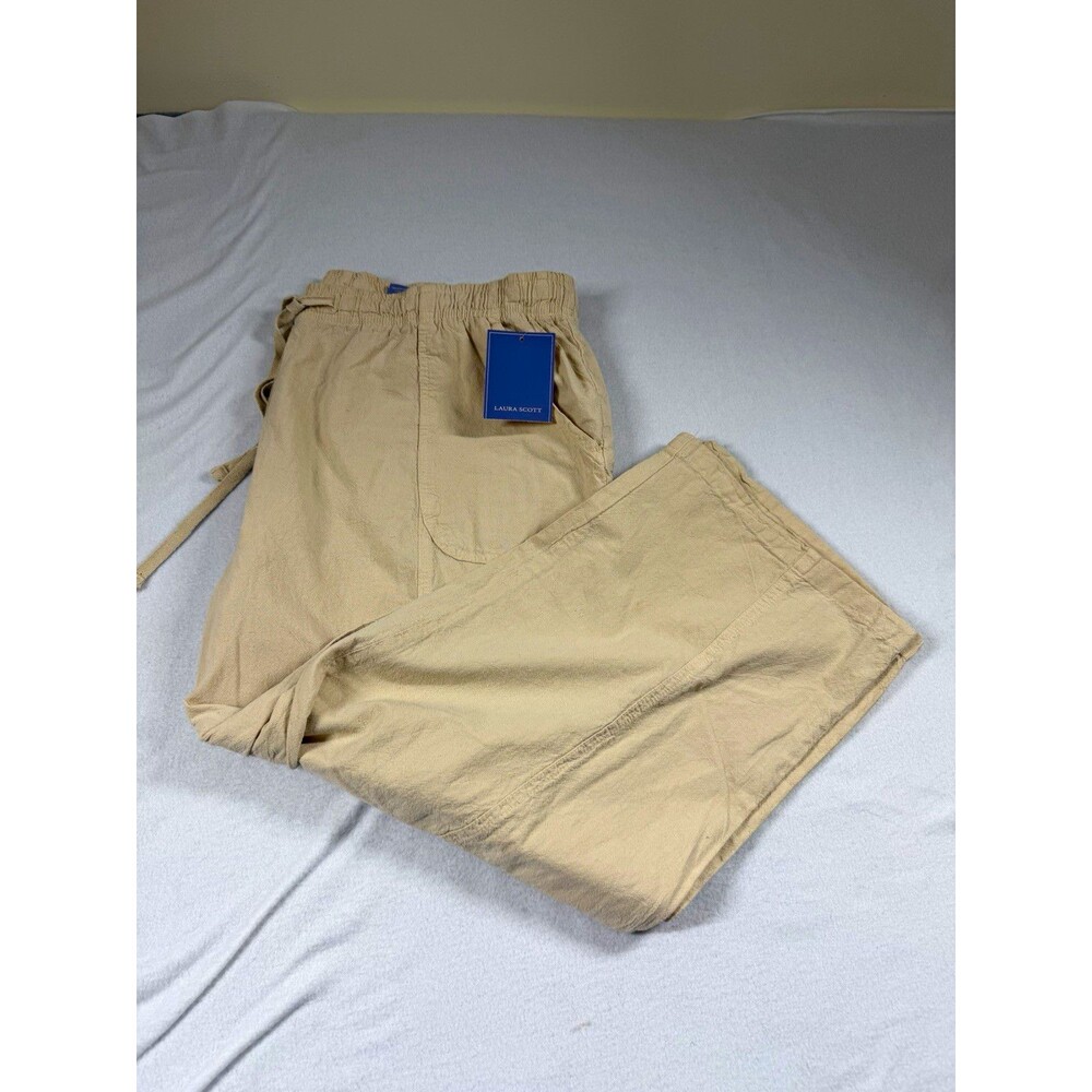 Laura Scott Women Pants XL Beige Cotton Textured Cropped Straight Leg Pocket 472